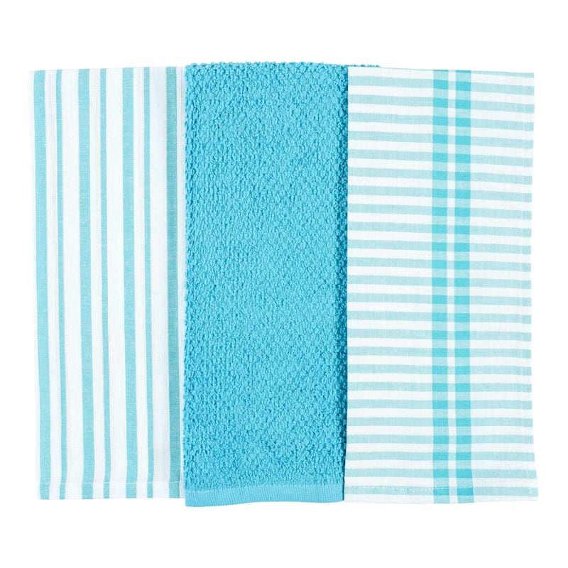 at Home Set of 3 Mixed Nile Blue Flat Terry Kitchen Towels