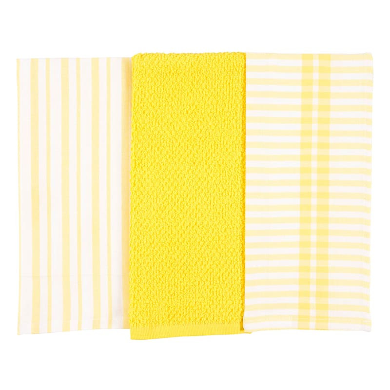 at Home Set of 3 Mixed Yellow Flat Terry Kitchen Towels