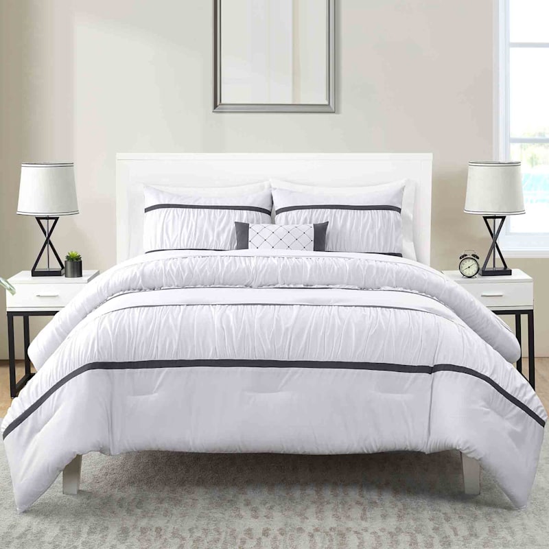 Trisha White Ruched Stripes King Bed-In-A-Bag Comforter Set | At Home