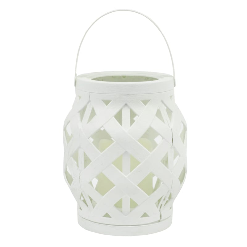 White Faux Rattan Barrel Lantern with LED Candle, 6"