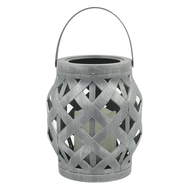 LED Candle Gray Faux Rattan Barrel Lantern, 6"