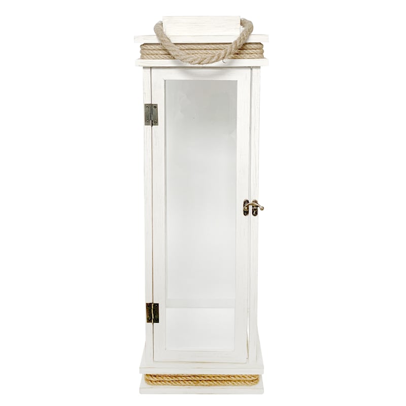 White Wooden Lantern with Rope Handle, 32"