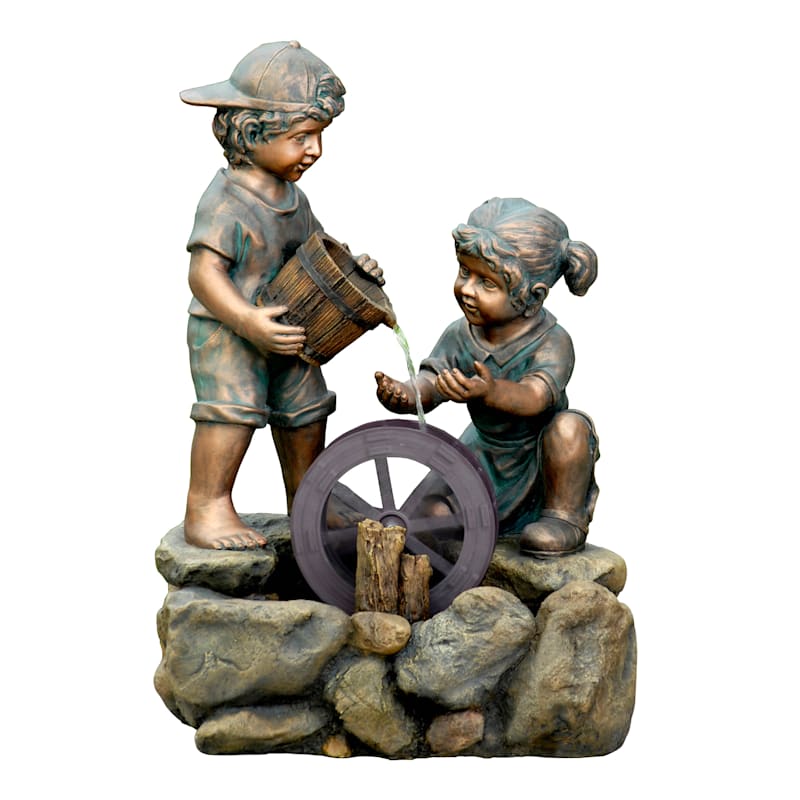 Kids with Waterwheel Natural Stone-Look Outdoor Fountain, 26.5x13