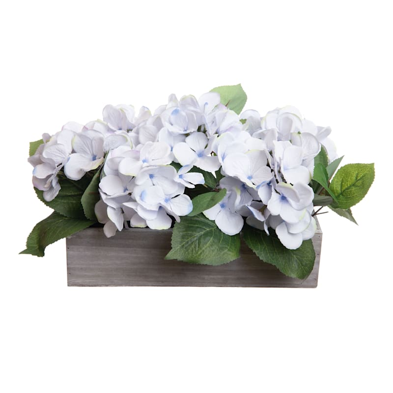 Blue Hydrangea Flowers with Wooden Planter, 16"