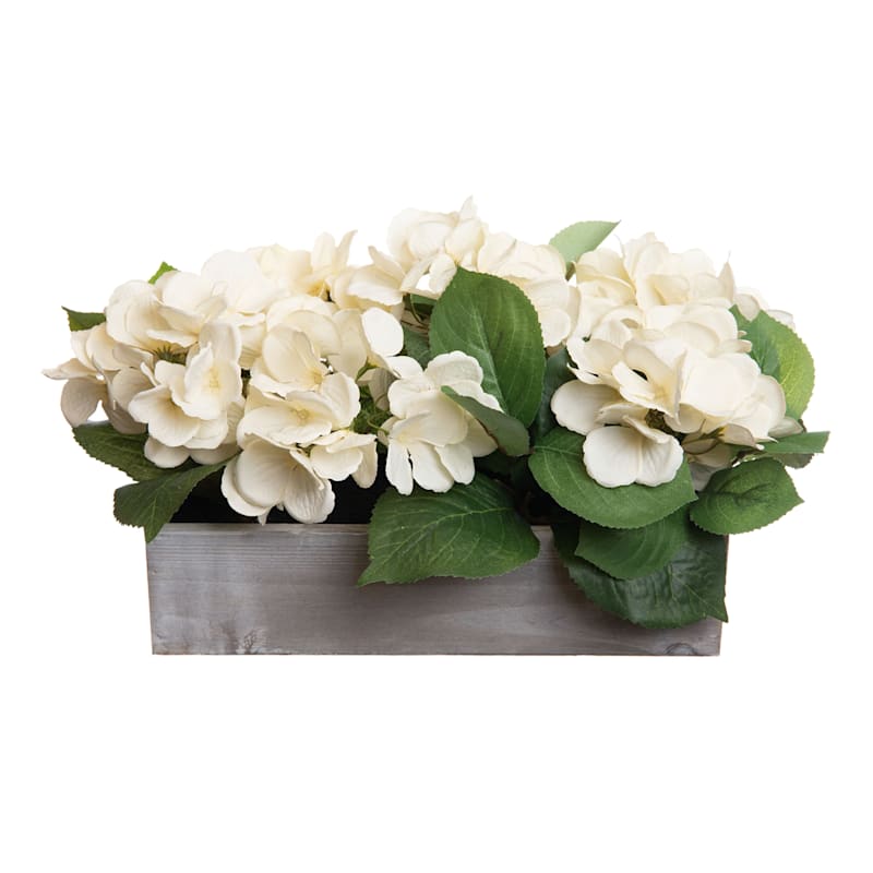 Yellow Hydrangea Flowers with Wooden Planter, 16"