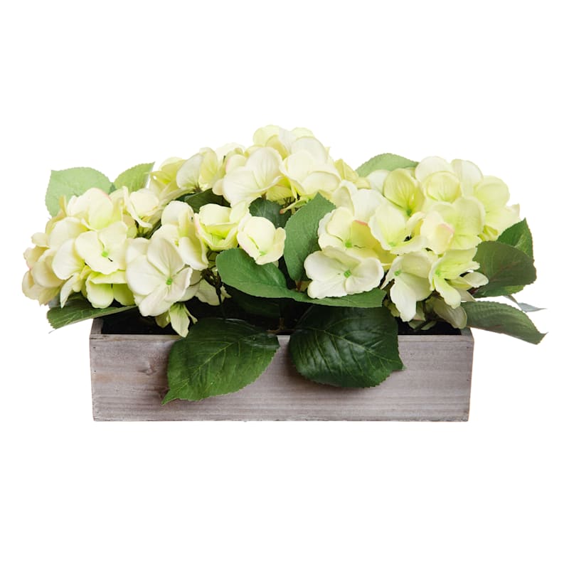 Yellow Hydrangea Flowers with Wooden Planter, 16"