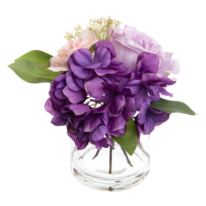 Purple Hydrangea & Rose Flowers with Glass Vase, 9"