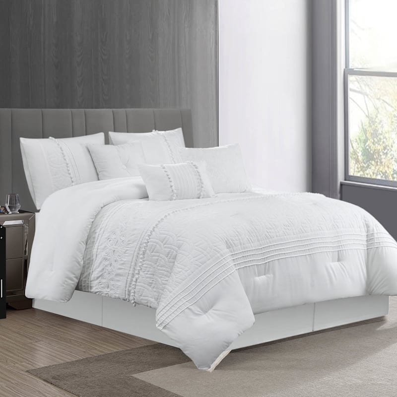 7-Piece White Embroidered Premium Comforter Set, Queen