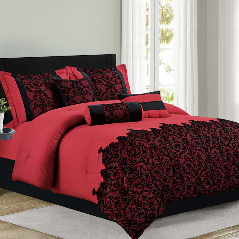 blanding charme Underlegen 7-Piece Red & Black Flocked Comforter Set, King