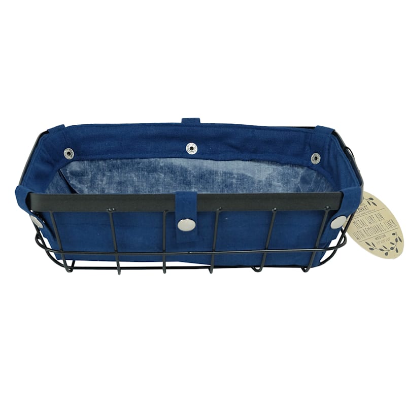 Metal Wire Basket with Navy Canvas Lining, Medium