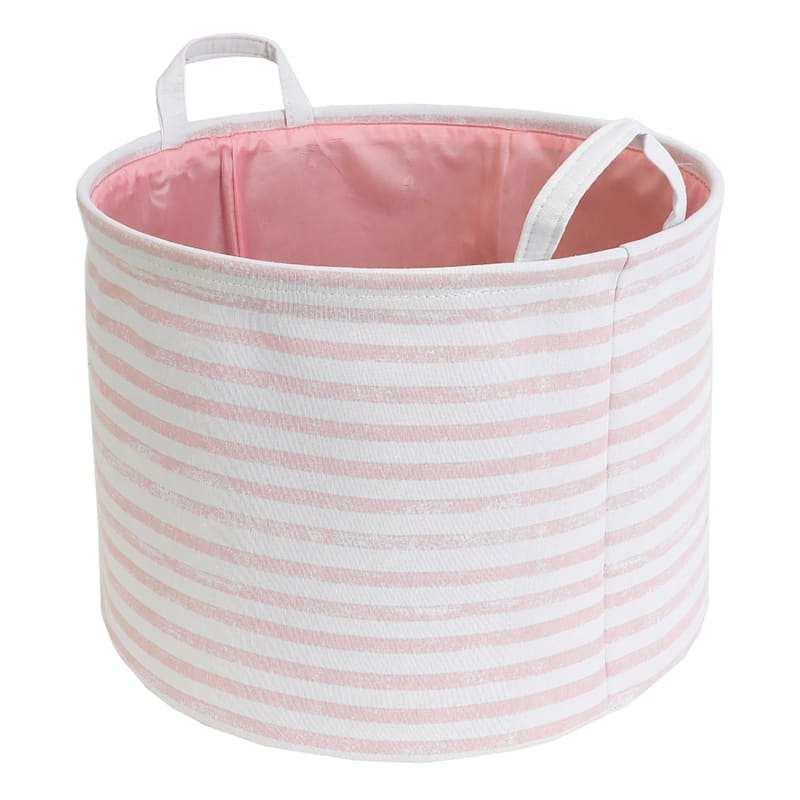 Round Pink Striped Storage Bin, Large