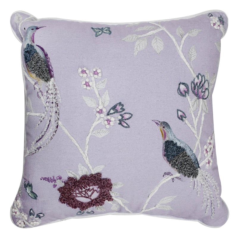 Grace Mitchell Purple Bird & Floral Embroidered Throw Pillow, 18
