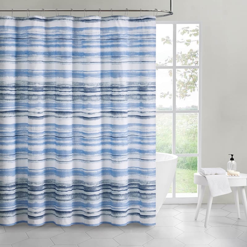 13 Piece Blue Watercolor Striped Shower, Teal And Gray Shower Curtain Sets
