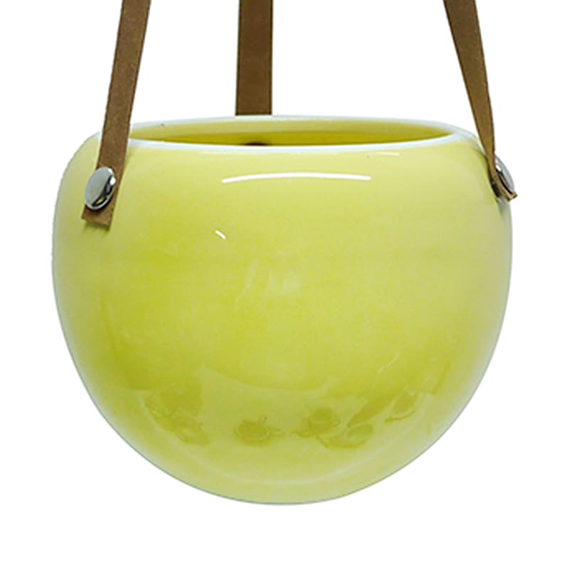 Leather Hanging Yellow Smooth Ceramic Pot, 4"