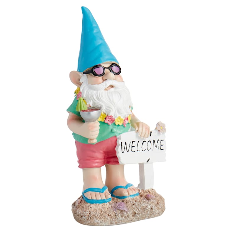 Outdoor Welcome Sign Beach Garden Gnome Figurine, 16"