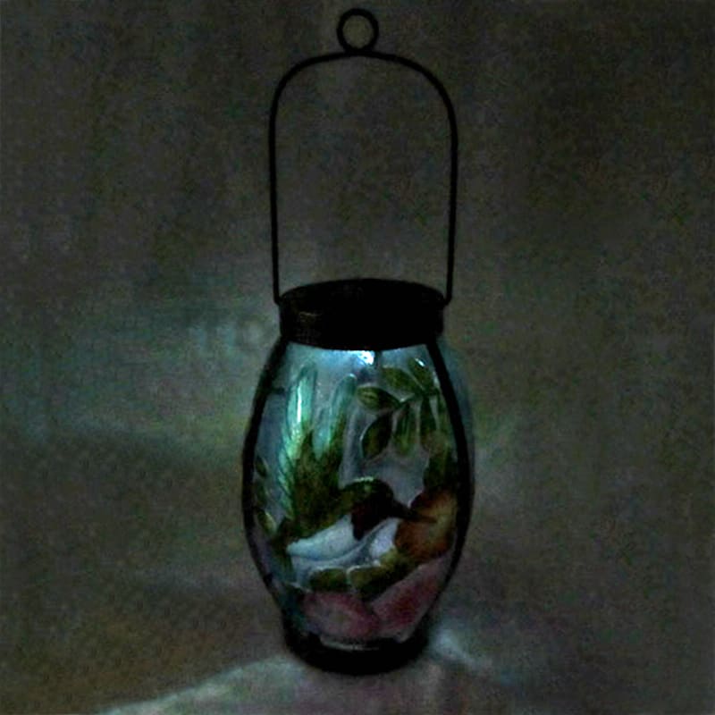 Hummingbird Scene Glass Solar Lantern with Metal Handle, 9.5"