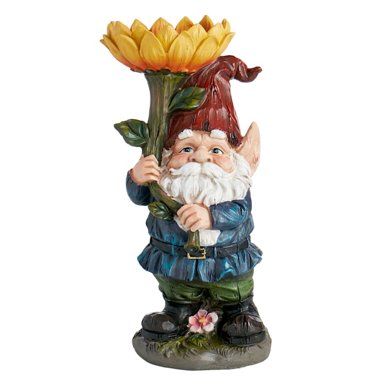 Outdoor Garden Gnome Holding Sunflower Figurine, 19"