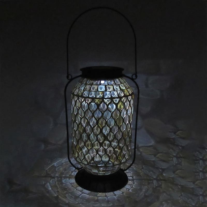 Amber Mosaic Glass Solar Lantern, 11"
