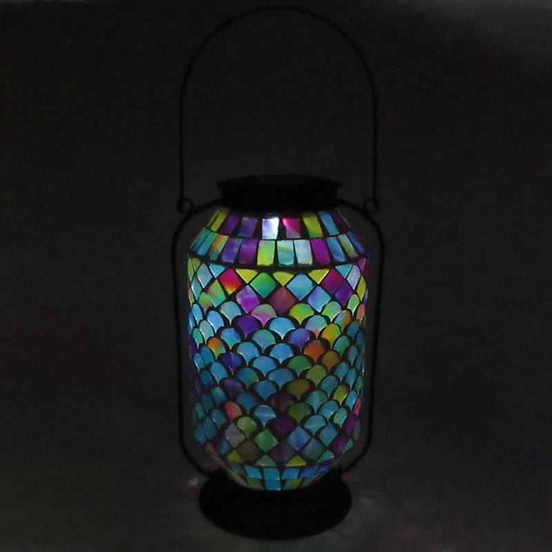 Blue Mosaic Glass Solar Lantern, 11"