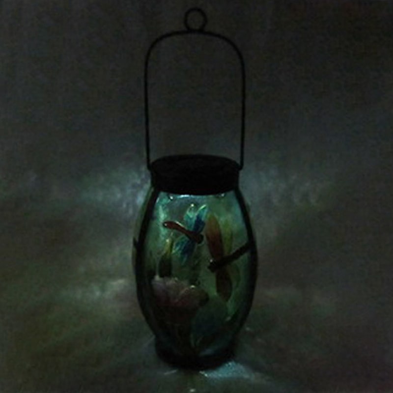 Dragonfly Scene Glass Solar Lantern with Metal Handle, 9.5"