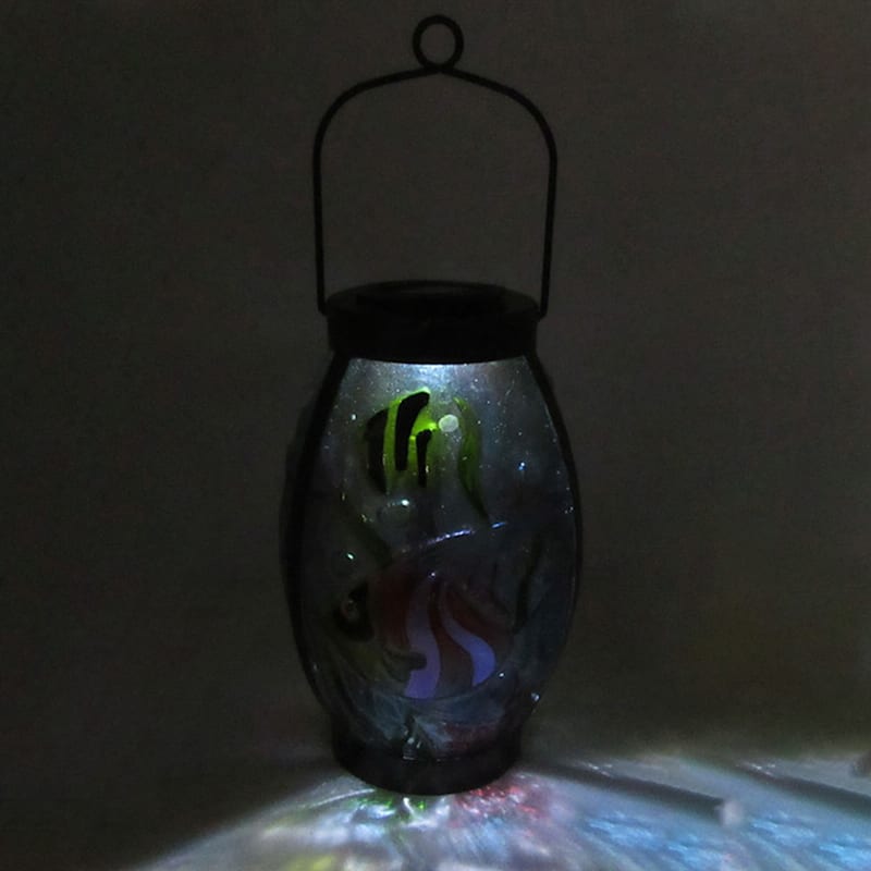 Underwater Scene Glass Solar Lantern with Metal Handle, 9.5"