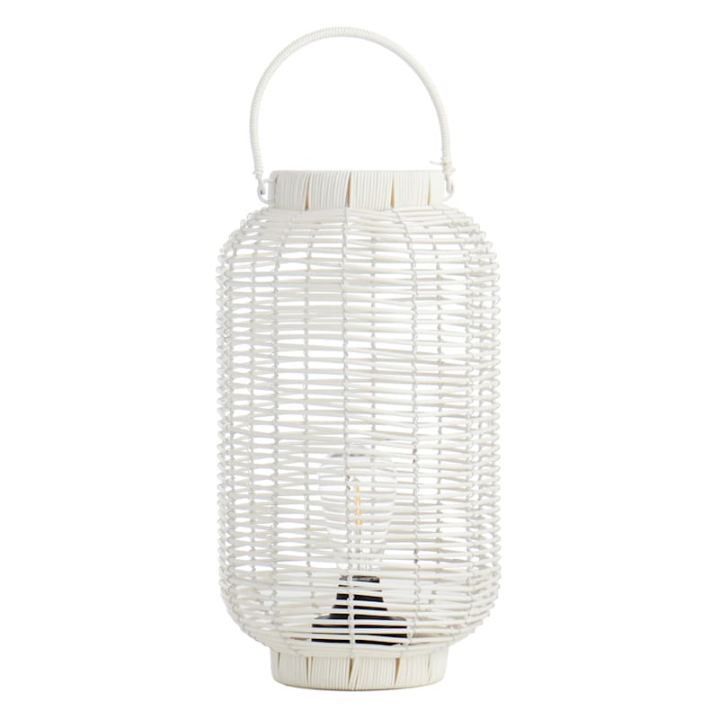 LED White Faux Wicker Barrel Lantern, 15.5"