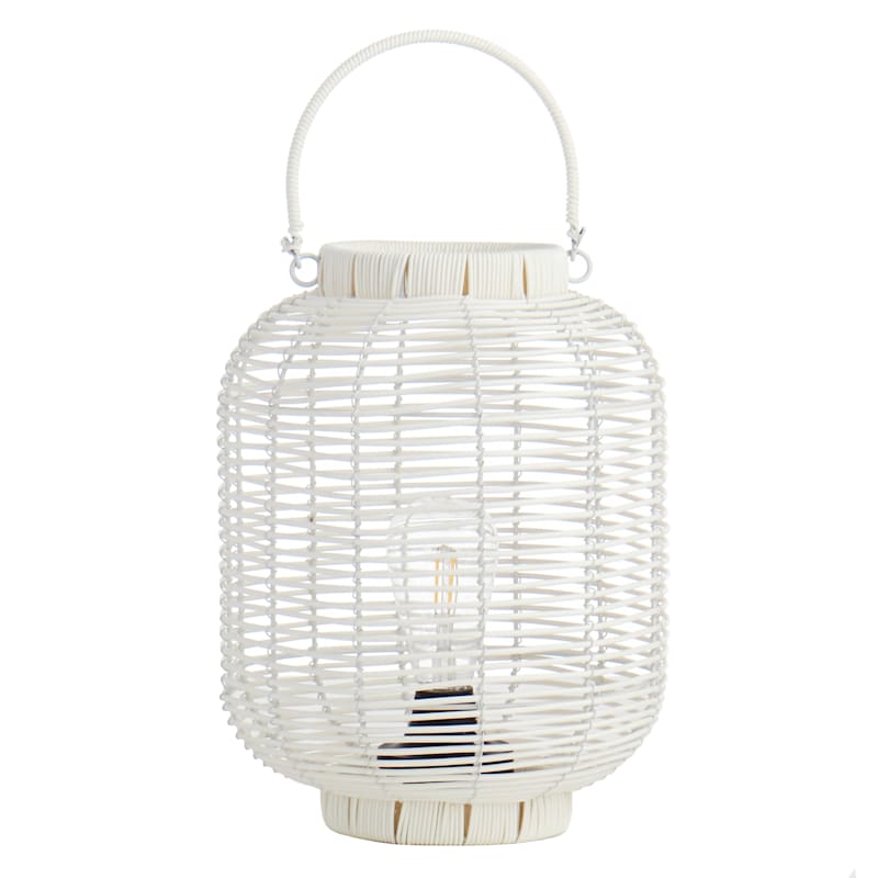 LED White Faux Wicker Barrel Lantern, 12.5"