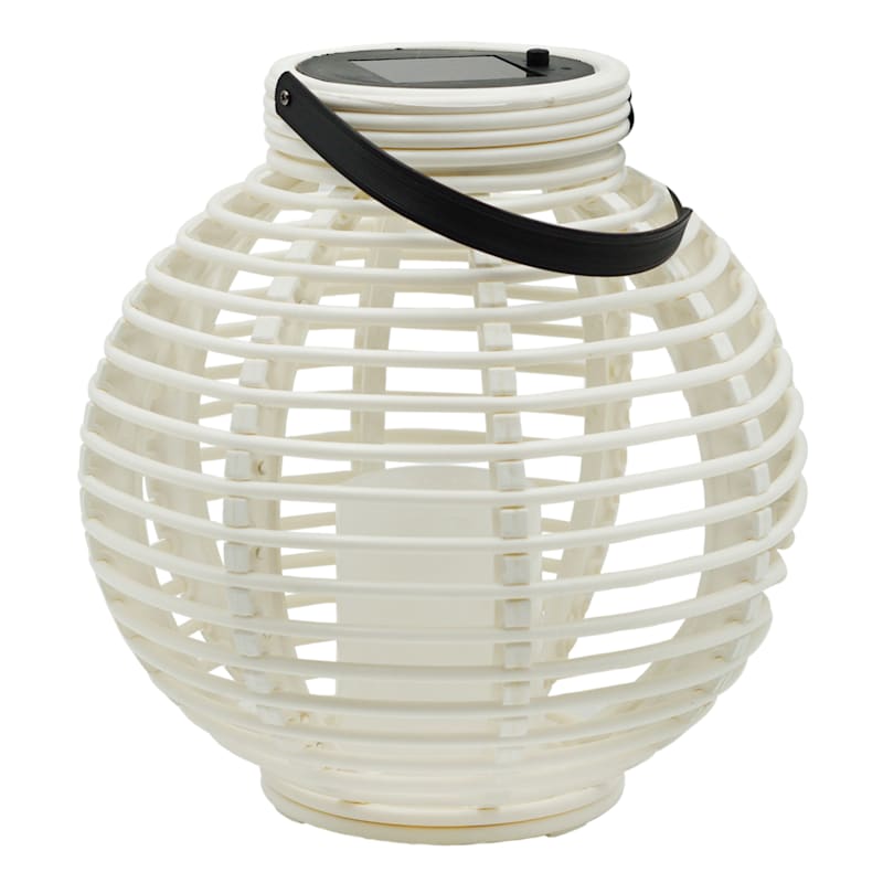 White Faux Rattan Solar Ball Lantern with LED Candle, 9"
