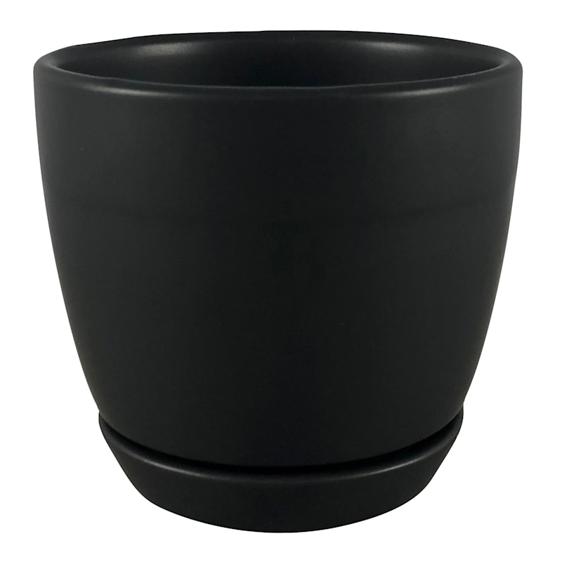 Chelsea Crackled Black Ceramic Planter with Saucer, 4.5"