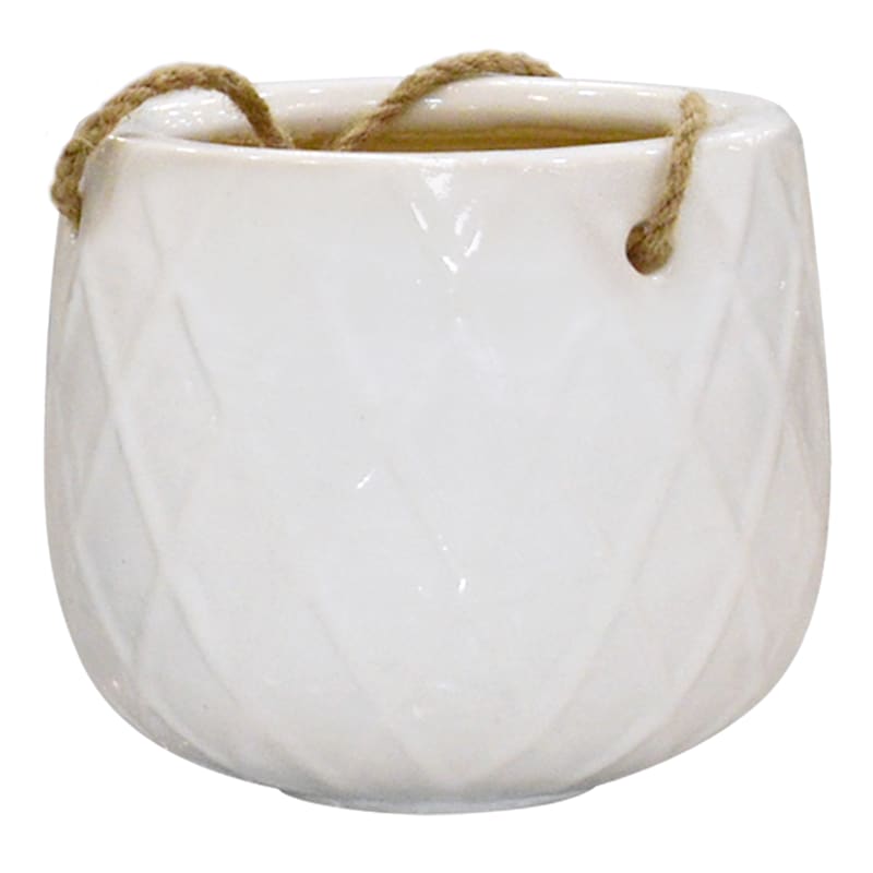 Indoor Hanging White Woven Textured Ceramic Pot, Medium