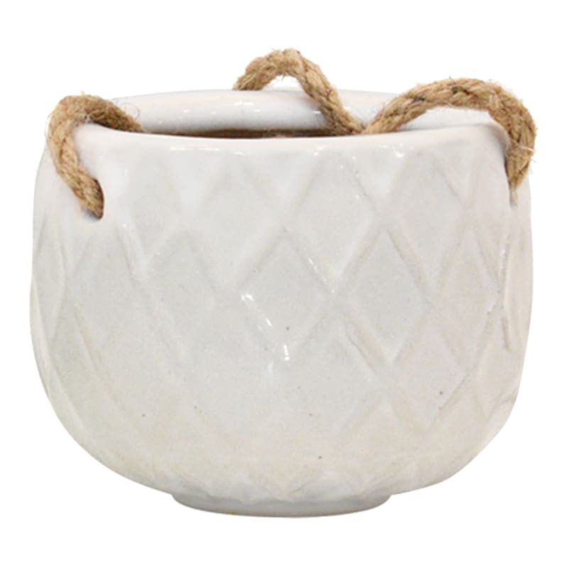 Indoor Hanging White Woven Textured Ceramic Pot, Extra Small