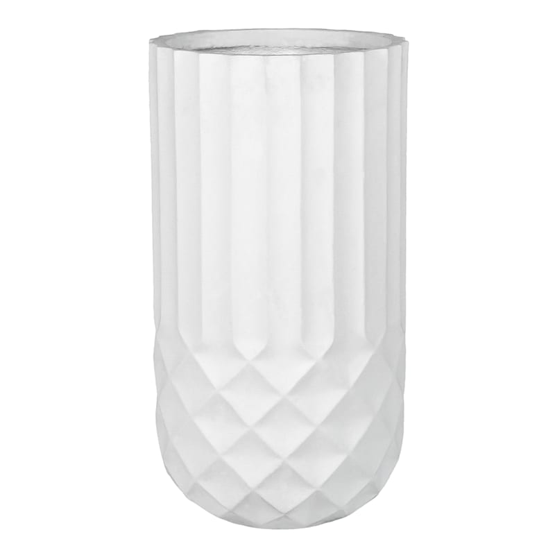 Tall White Cylindrical Diamond Ribbed Shadow Planter, 24.5