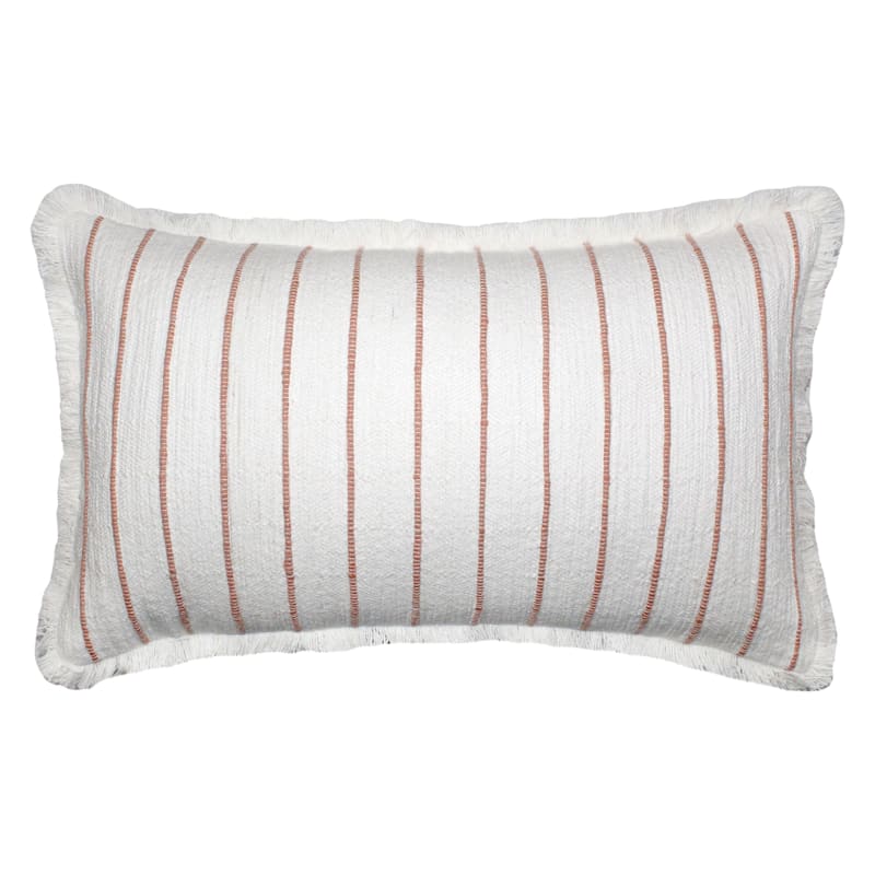 Peach Striped White Throw Pillow with Fringe, 14x24