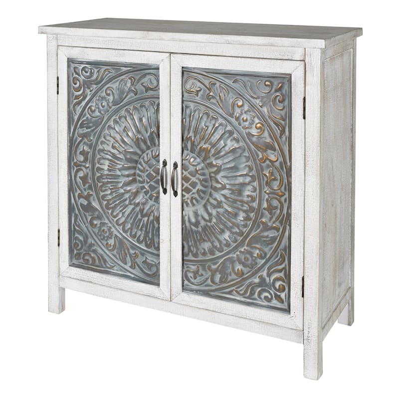2-Door Embossed Metal & White Wood Cabinet