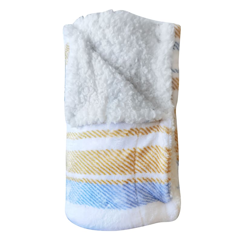 Yellow & Blue Striped Plush Sherpa Throw Blanket, 50x60