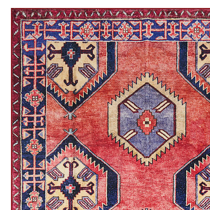 (D565) Freya Red & Blue Medallion Washable Rug
