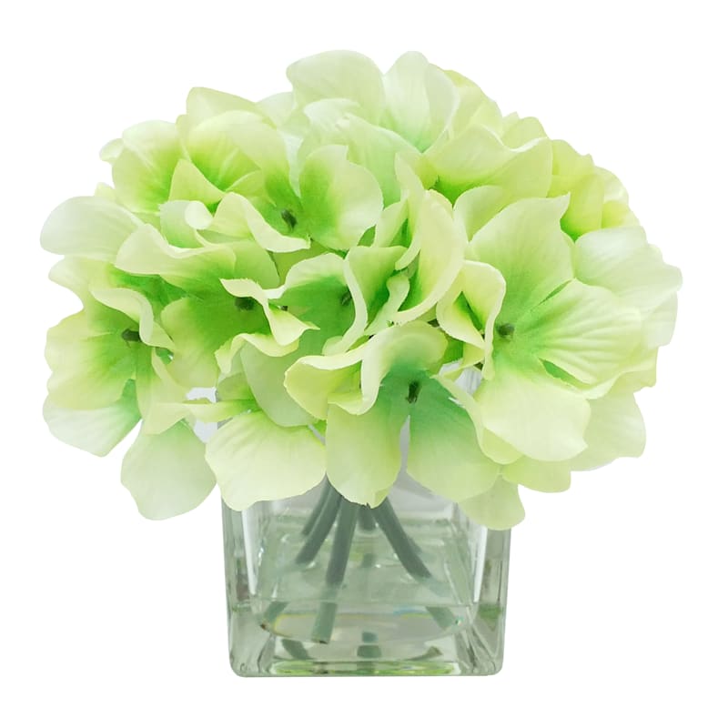 Green Hydrangea Flowers in Glass Vase, 6.5"