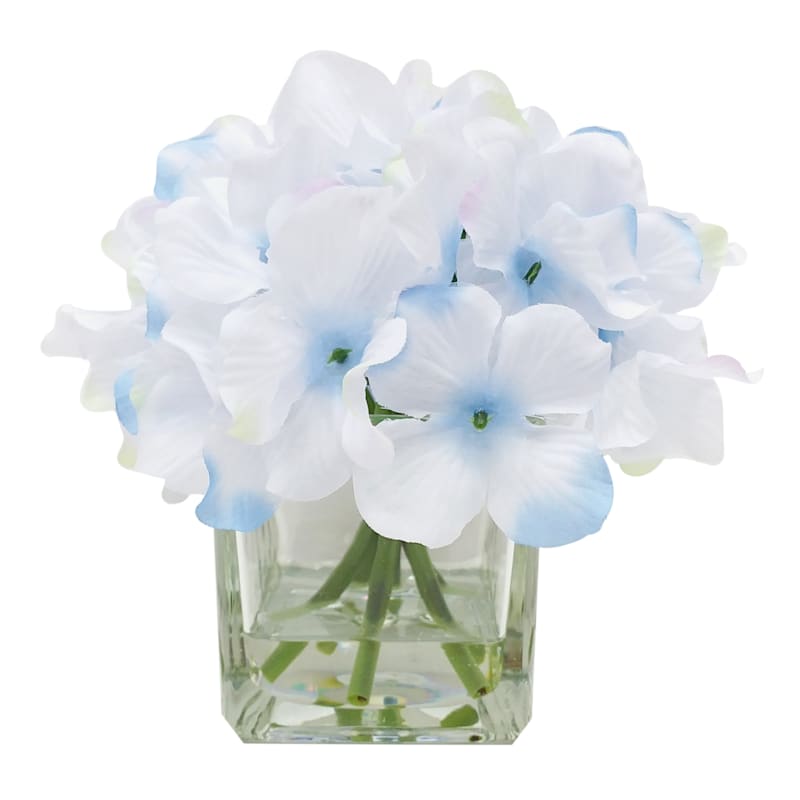 Blue Hydrangea Flowers in Glass Vase, 6.5"