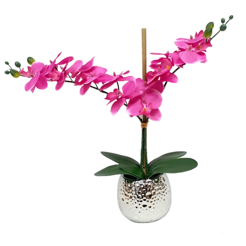 Pink Orchid Flower with Silver Ceramic Planter, 20.5"