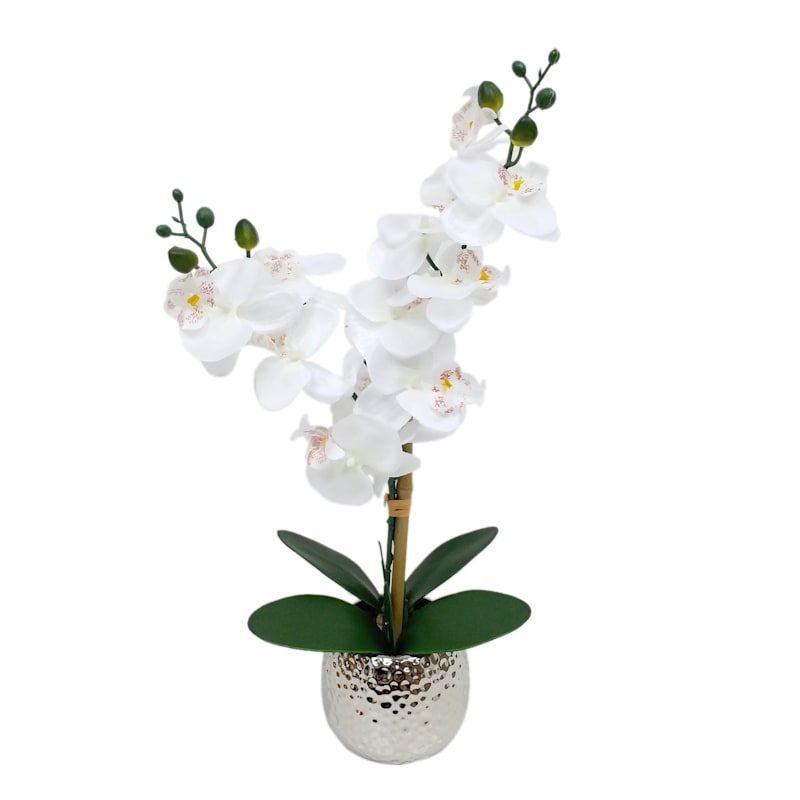 White Orchid Flower with Silver Ceramic Planter, 20.5"