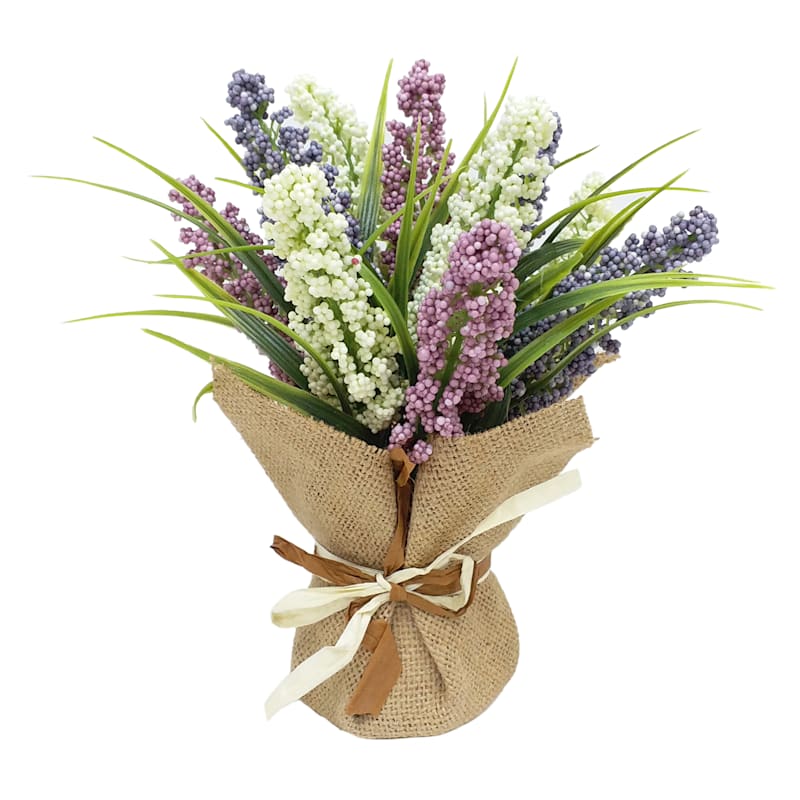Purple Heather Flowers with Burlap, 11"
