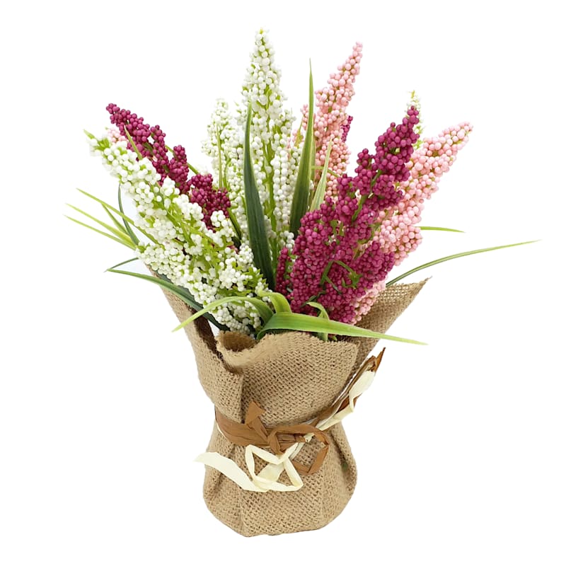 Pink Heather Flowers with Burlap, 11"