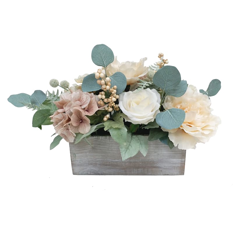 Neutral Mixed Blooms with Wooden Planter, 18"