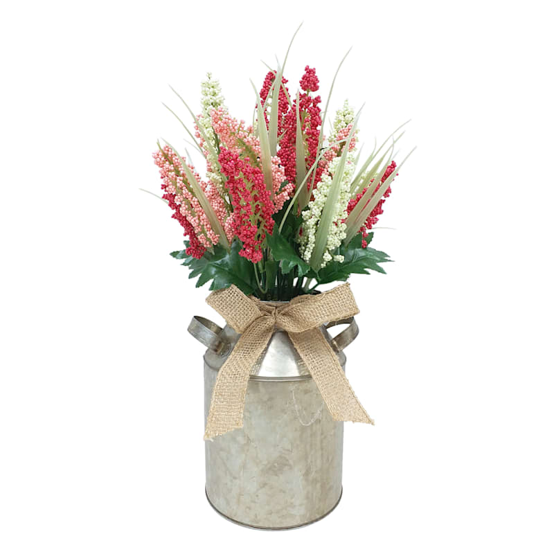 Red Heather Flowers with Galvanized Metal Planter, 15"