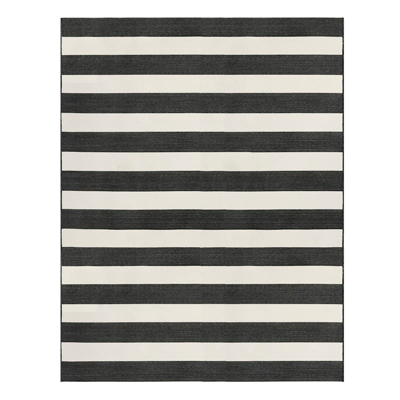 (E323) Asbury Black & White Striped Indoor & Outdoor Area Rug, 8x10