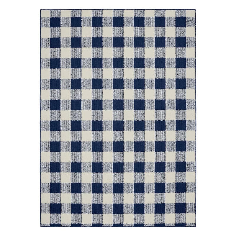 (E313) Checkmate Navy & Ivory Plaid Indoor & Outdoor Area Rug, 5x7