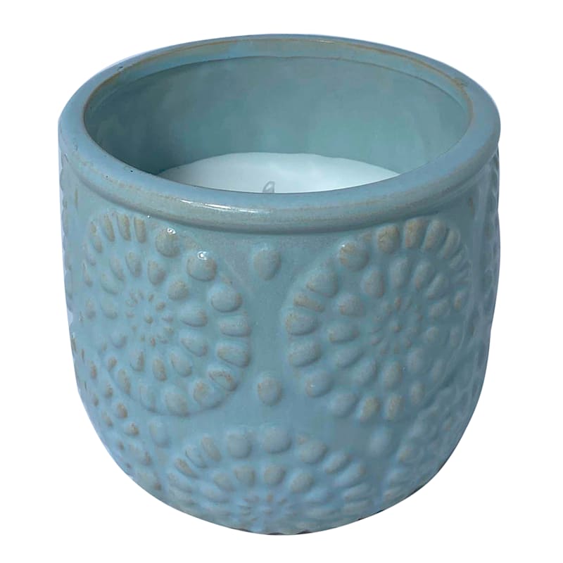 Light Blue Ceramic Citronella Candle With Flower Design, 10oz