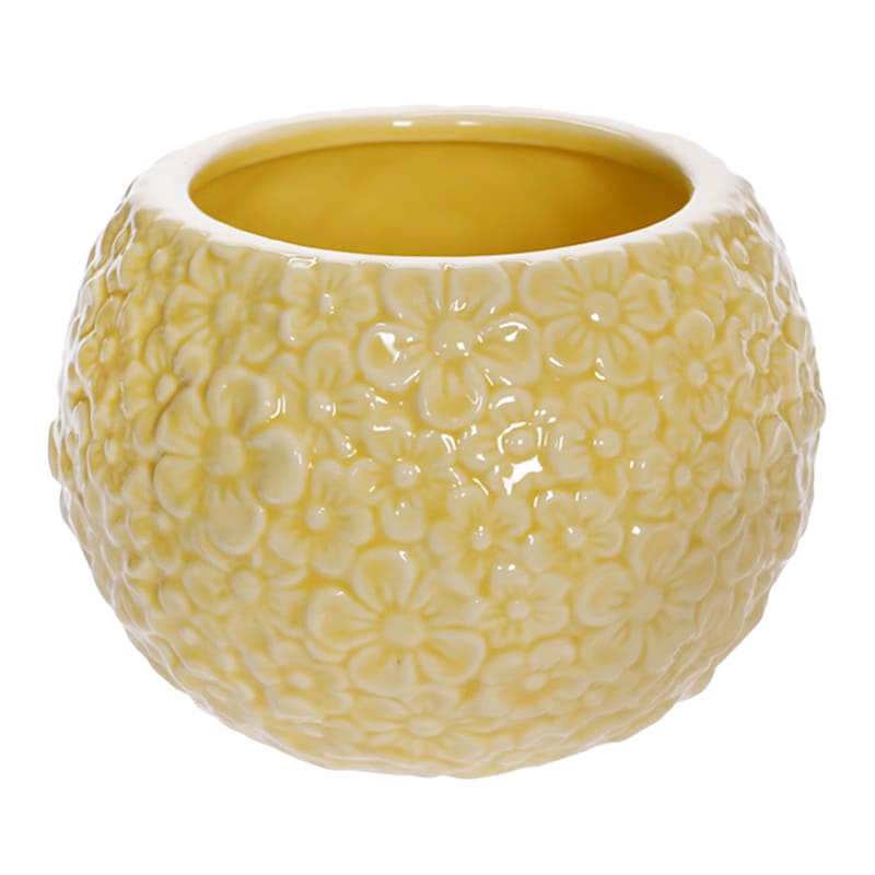 Yellow Floral Textured Ceramic Pot, 4"