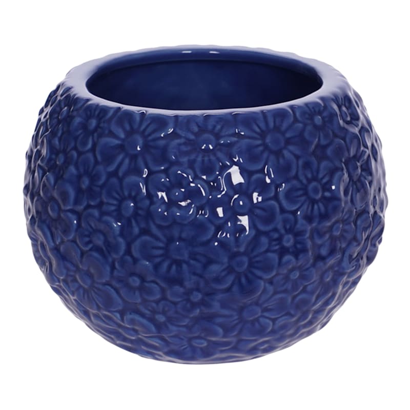 Blue Floral Textured Ceramic Pot, 4"