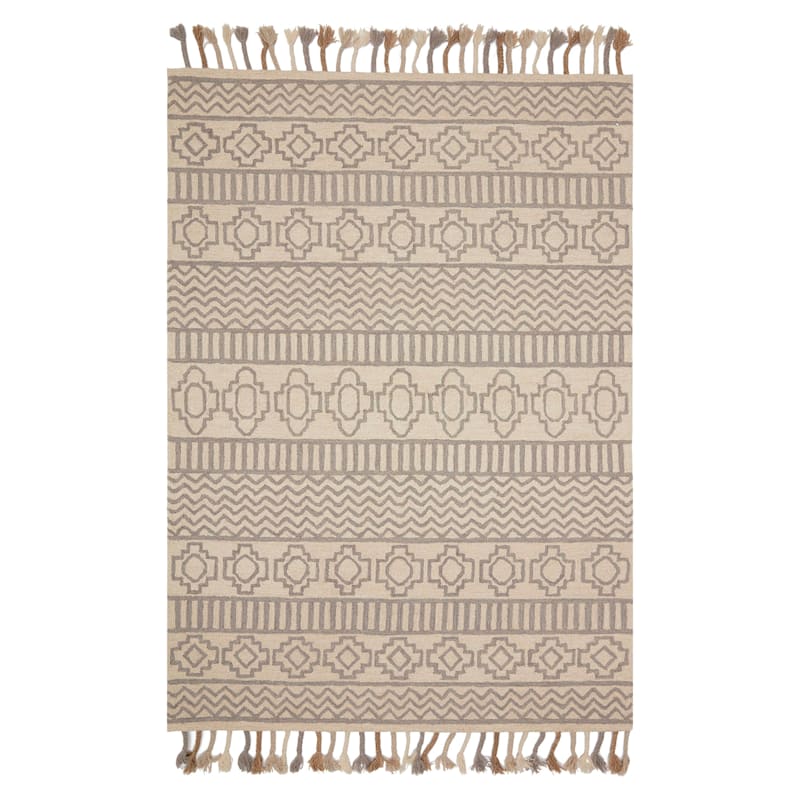 (A469) Arthur Ivory & Grey Area Rug with Tassels, 5x7